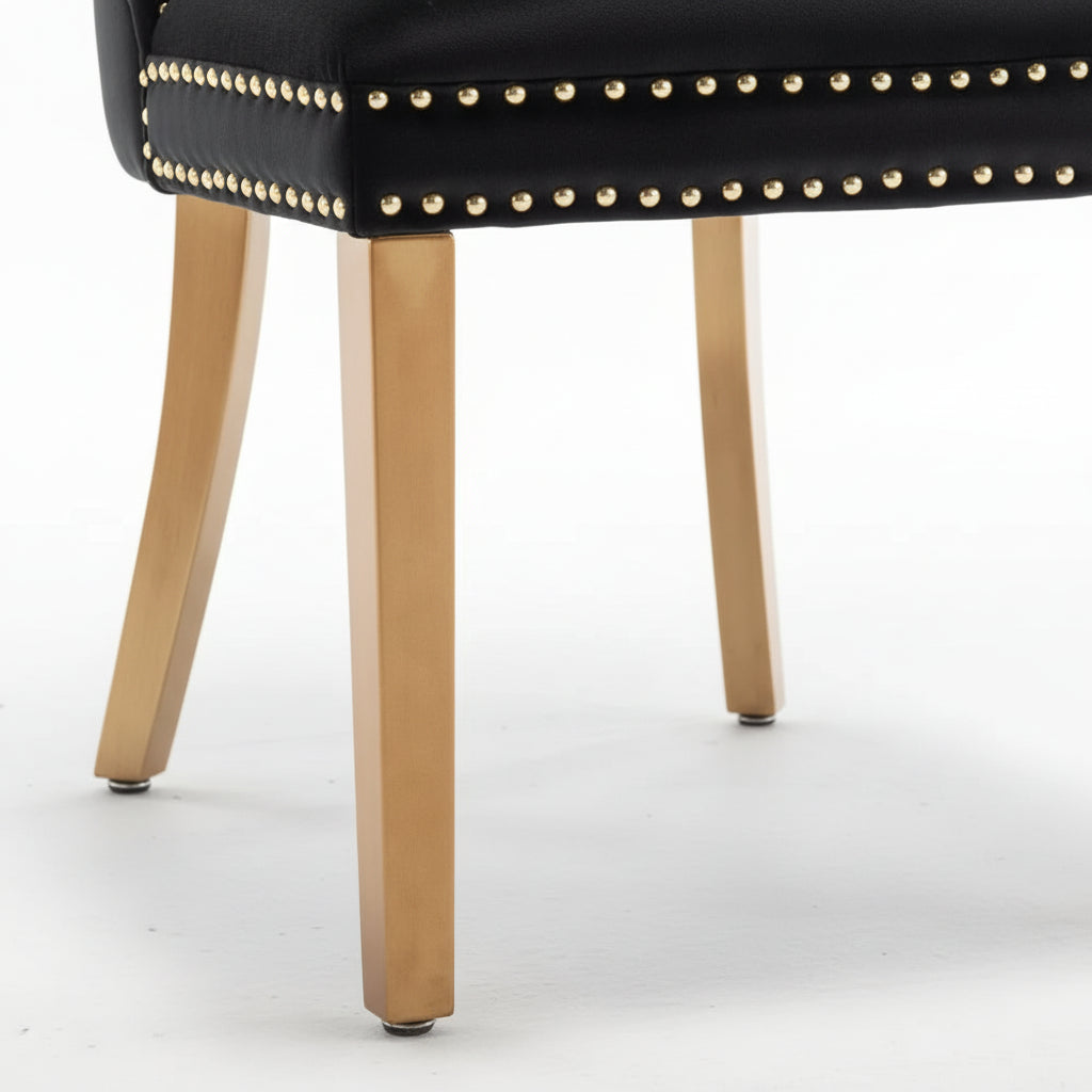Lot 2 Chaises Salle à Manger Velours Noir Cloutées Pieds Gold POIGNÉE