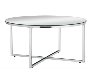 Table Basse LORIE Ronde Plateau Verre Trempé Miroir Structure Métal Chrome D90x45cm