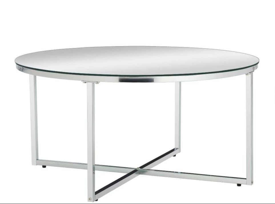 Table Basse LORIE Ronde Plateau Verre Trempé Miroir Structure Métal Chrome D90x45cm