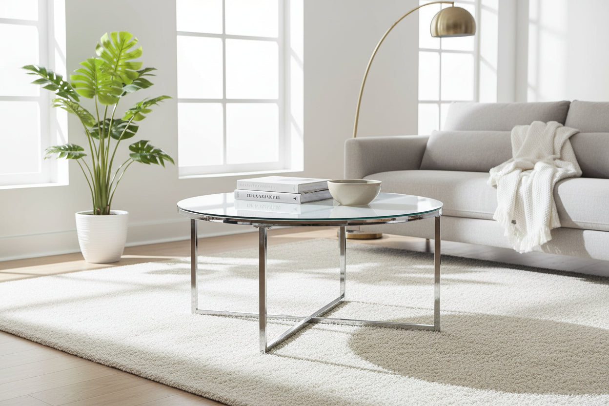 Table Basse LORIE Ronde Plateau Verre Trempé Miroir Structure Métal Chrome D90x45cm