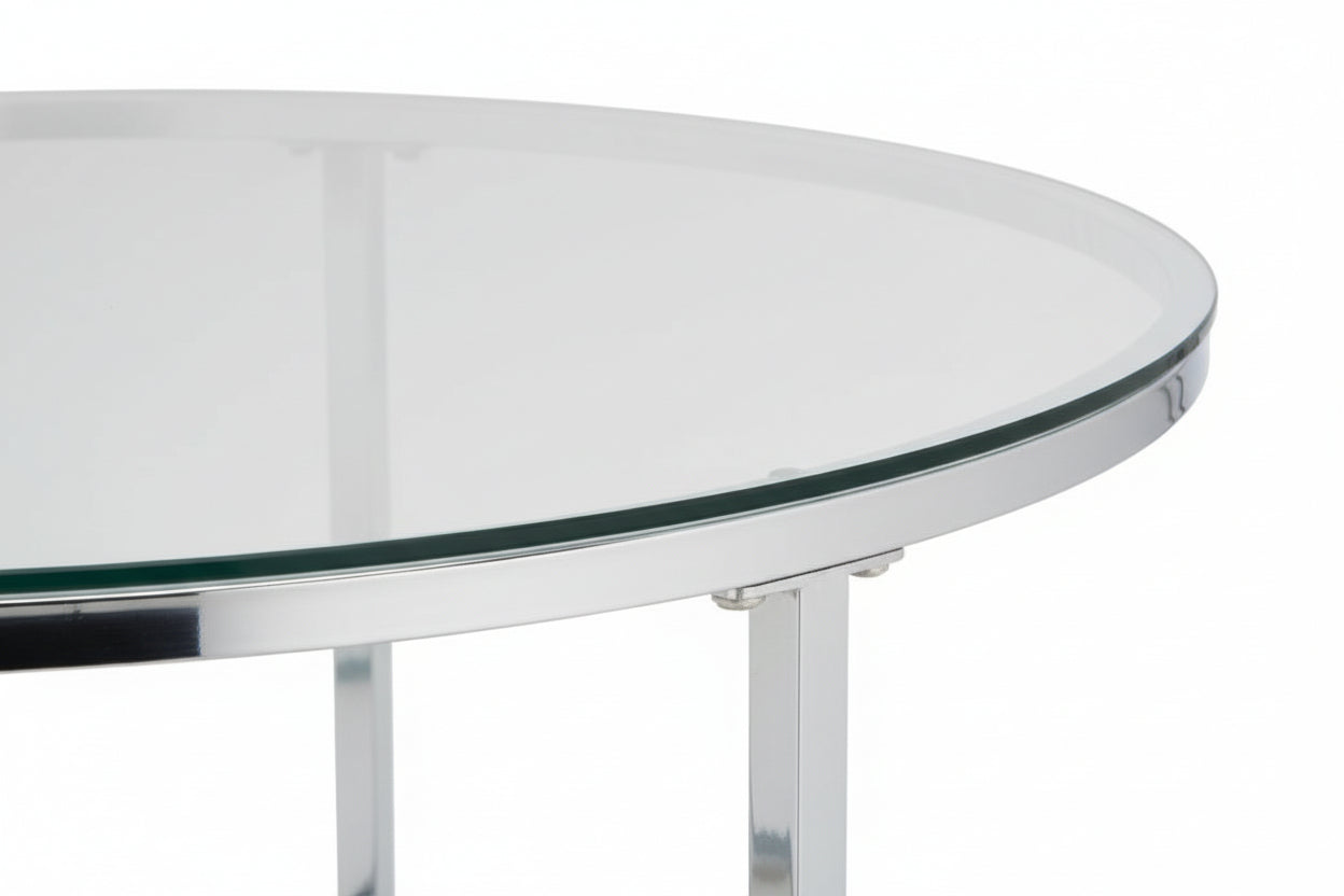 Table Basse LORIE Ronde Plateau Verre Trempé Miroir Structure Métal Chrome D90x45cm