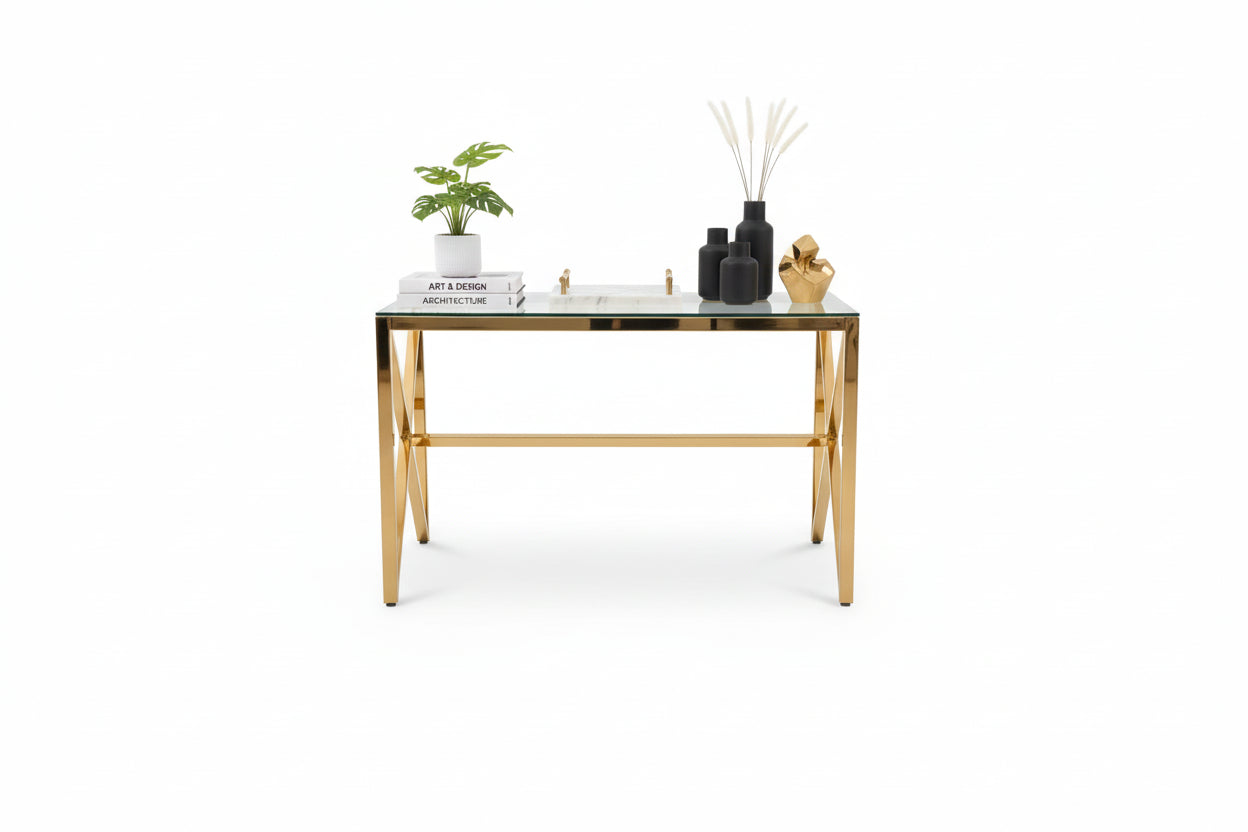 Console métal doré plateau en verre transparent 120x40x78 cm MAJESTIQUE