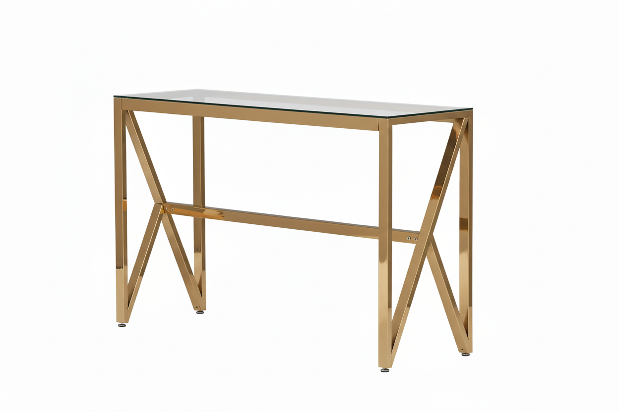 Console métal doré plateau en verre transparent 120x40x78 cm MAJESTIQUE