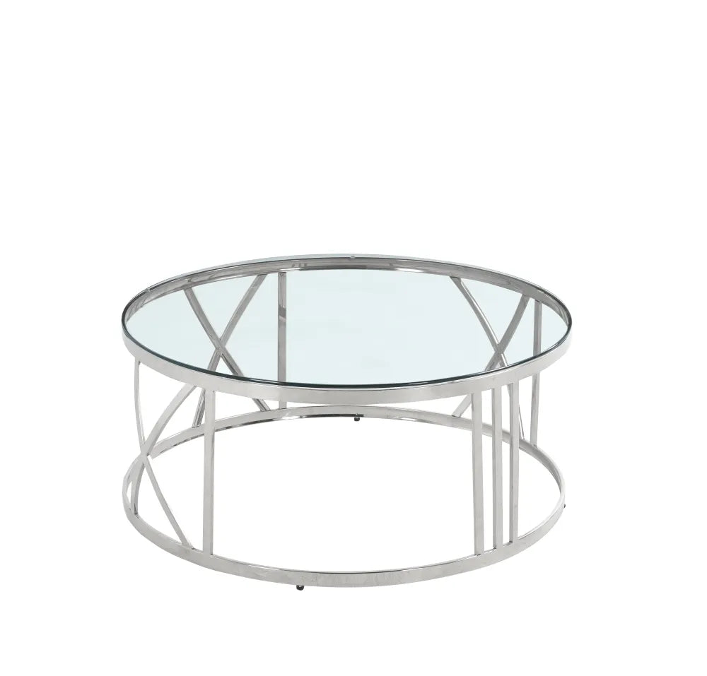Table Basse ATMOS Ronde Plateau Verre Trempé Transparent Pieds Chrome D100x45cm
