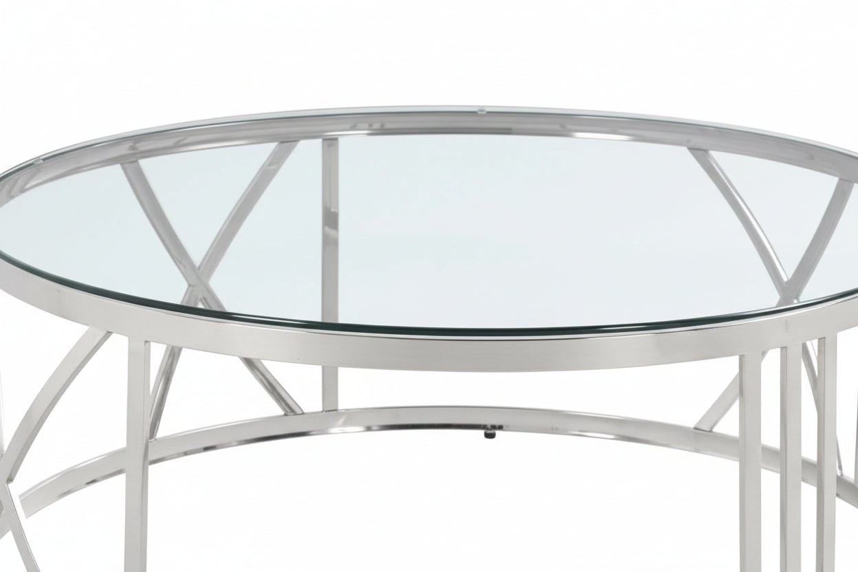 Table Basse ATMOS Ronde Plateau Verre Trempé Transparent Pieds Chrome D100x45cm