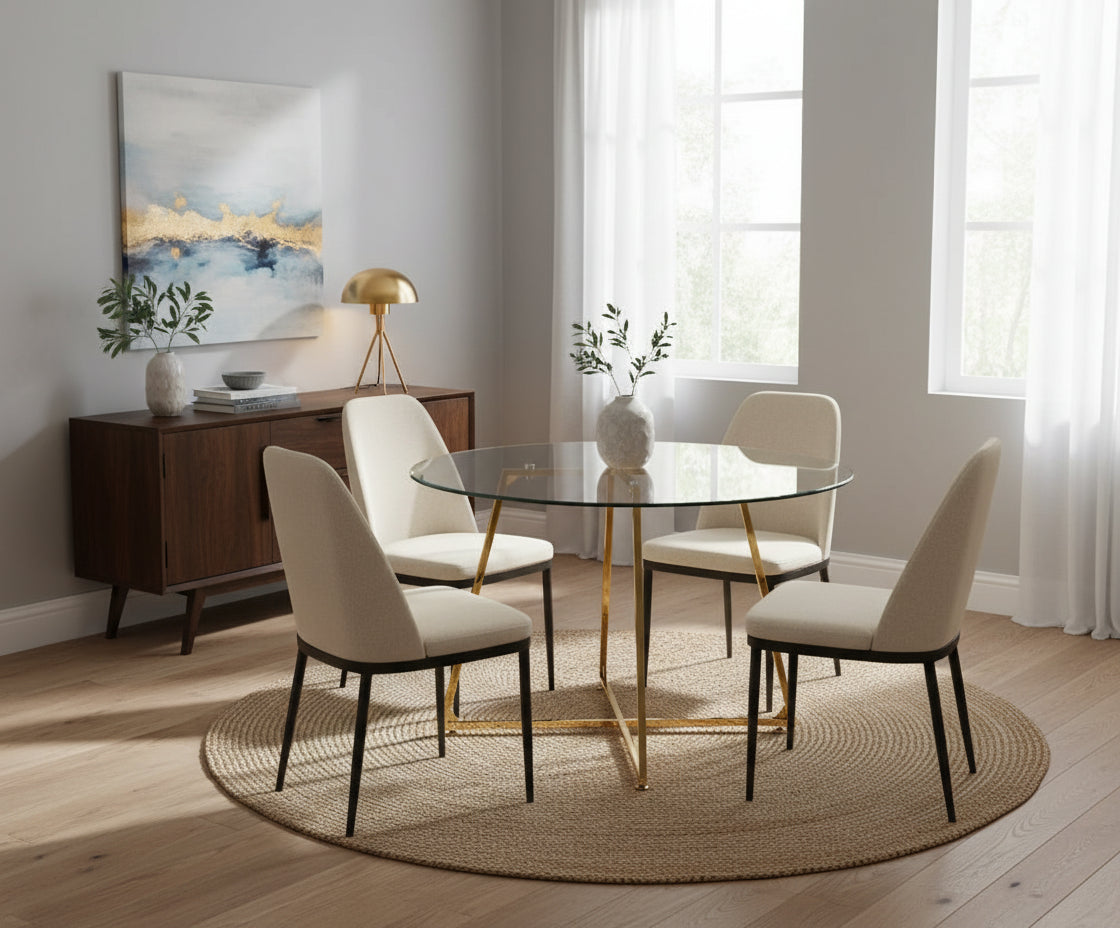 Table à Manger Ronde Verre Transparent Pieds Métal Doré 120x75cm - HELOISE#couleur_transparent