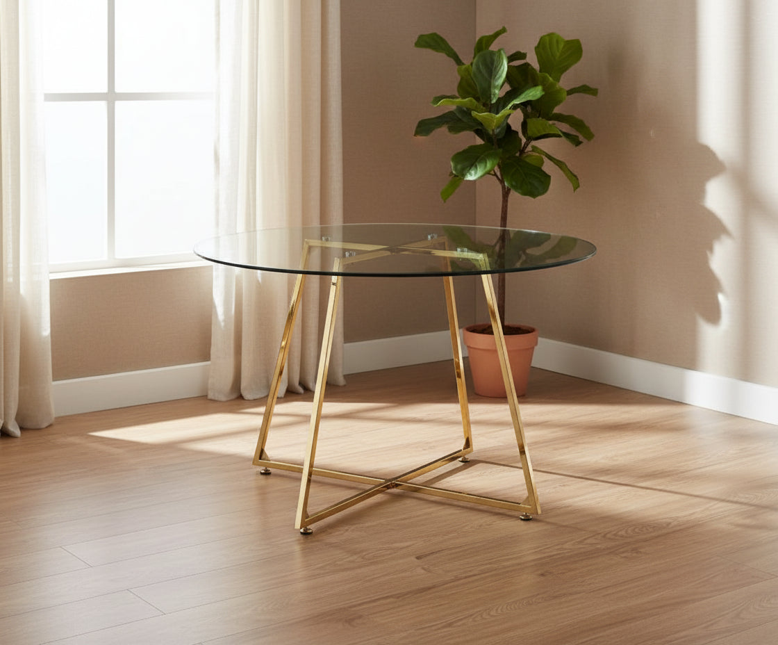 Table à Manger Ronde Verre Transparent Pieds Métal Doré 120x75cm - HELOISE#couleur_transparent