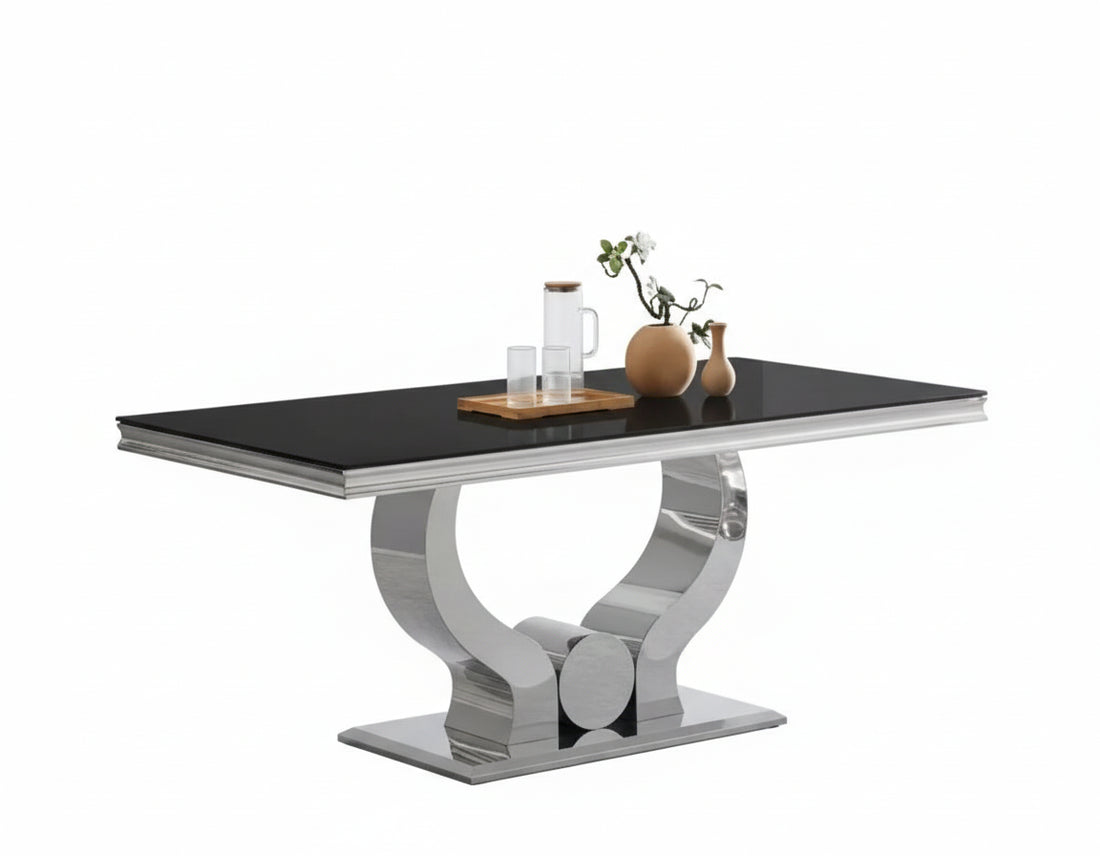Table à manger TROFY 4 à 6 personnes 150x90 cm chrome plateau en verre noir