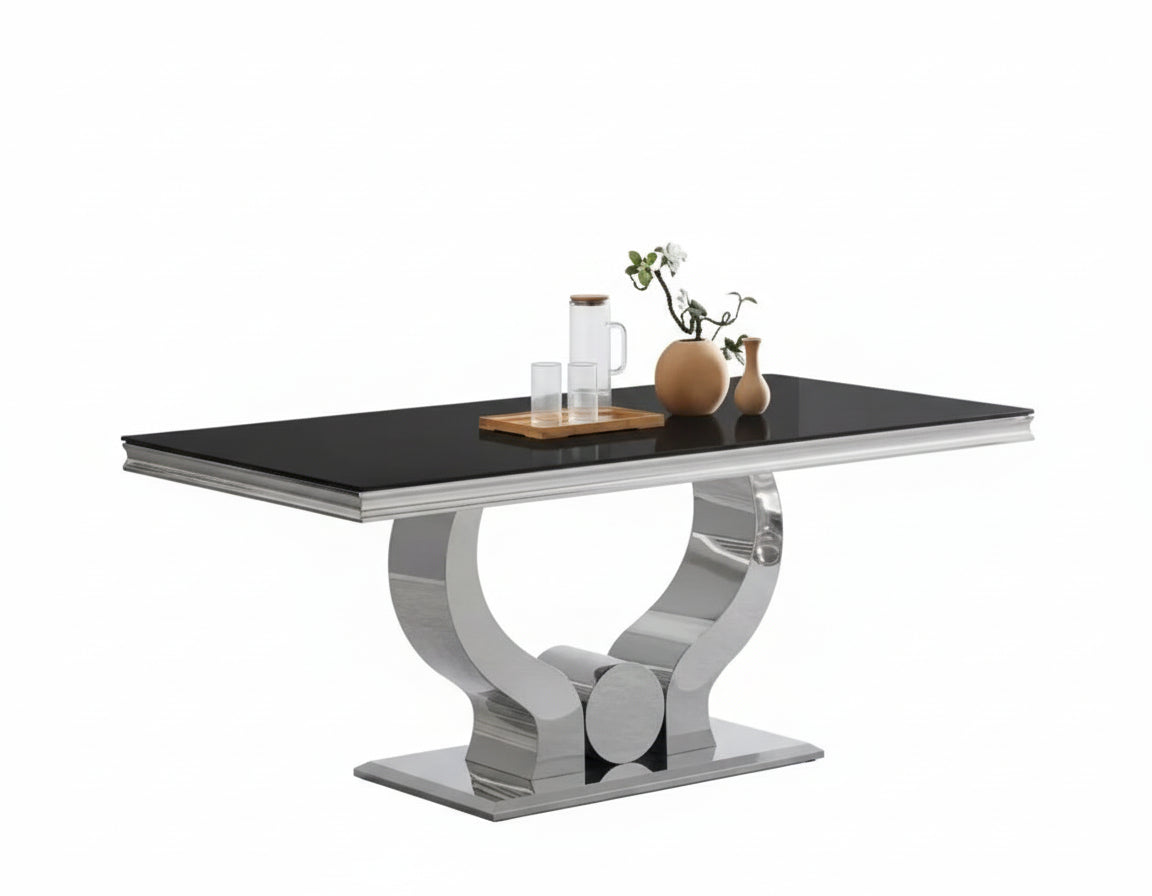 Table à manger TROFY 4 à 6 personnes 150x90 cm chrome plateau en verre noir