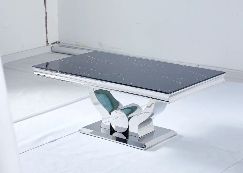 Table basse Trofy Chrome et plateau en verre 120x70 cm effet marbré noir