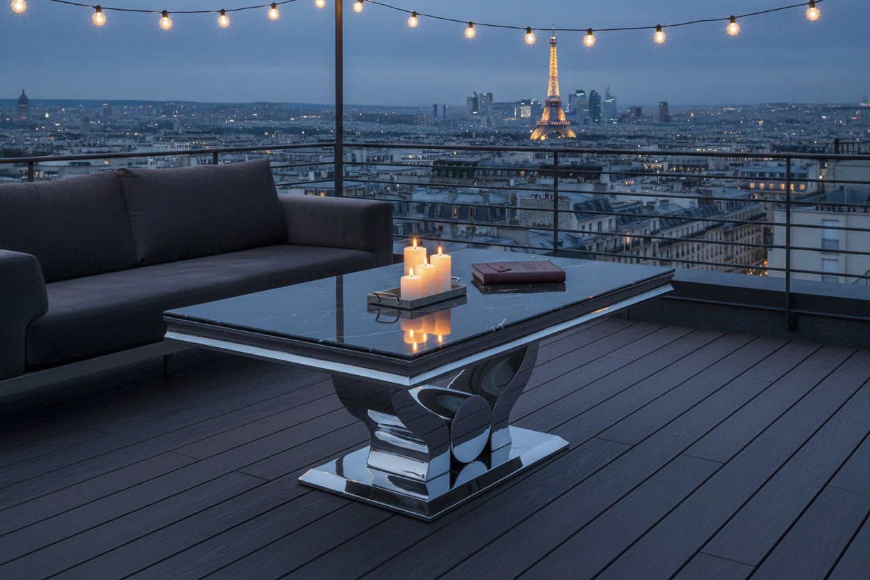 Table basse Trofy Chrome et plateau en verre 120x70 cm effet marbré noir