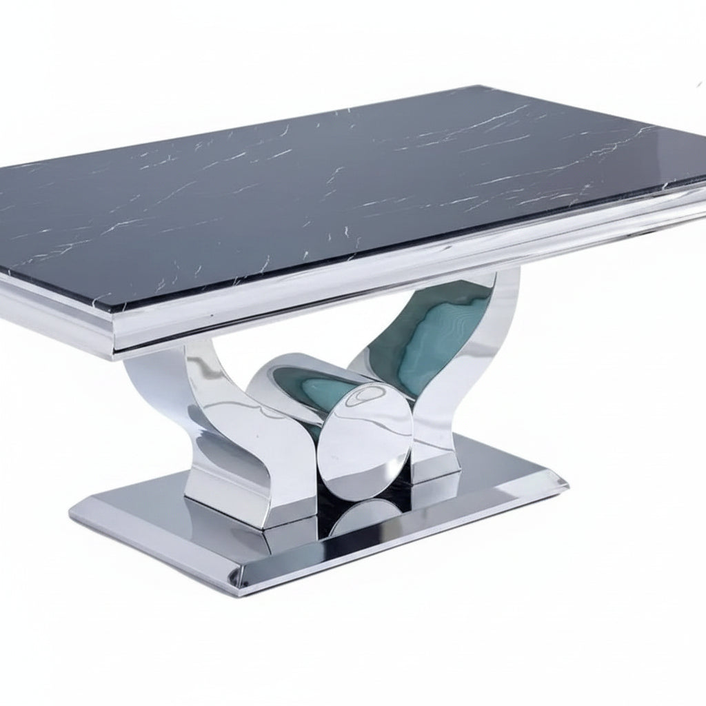 Table basse Trofy Chrome et plateau en verre 120x70 cm effet marbré noir
