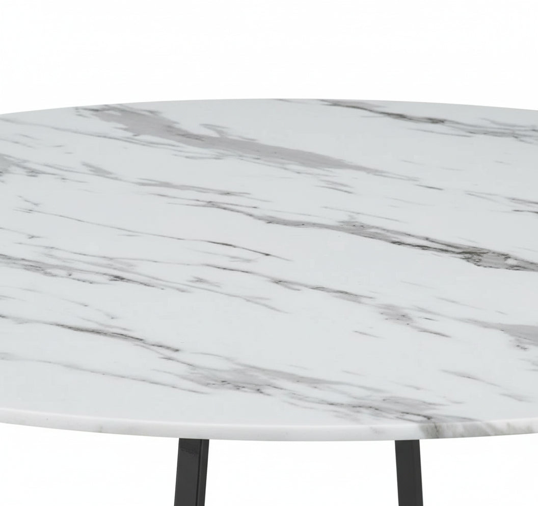 Table à Manger Ronde Verre Marbré Blanc Pied Métal Noir – D120×75 cm  – HELOISE