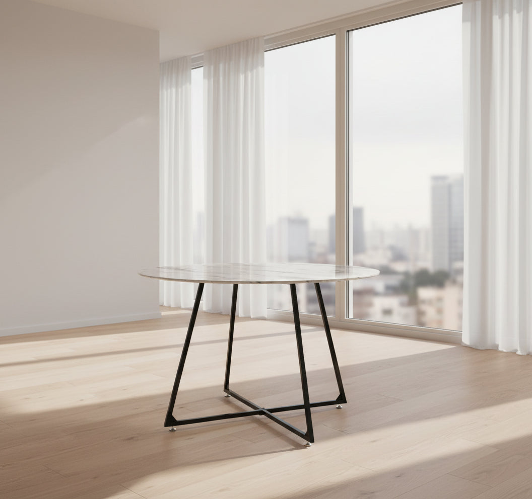 Table à Manger Ronde Verre Marbré Blanc Pied Métal Noir – D120×75 cm  – HELOISE