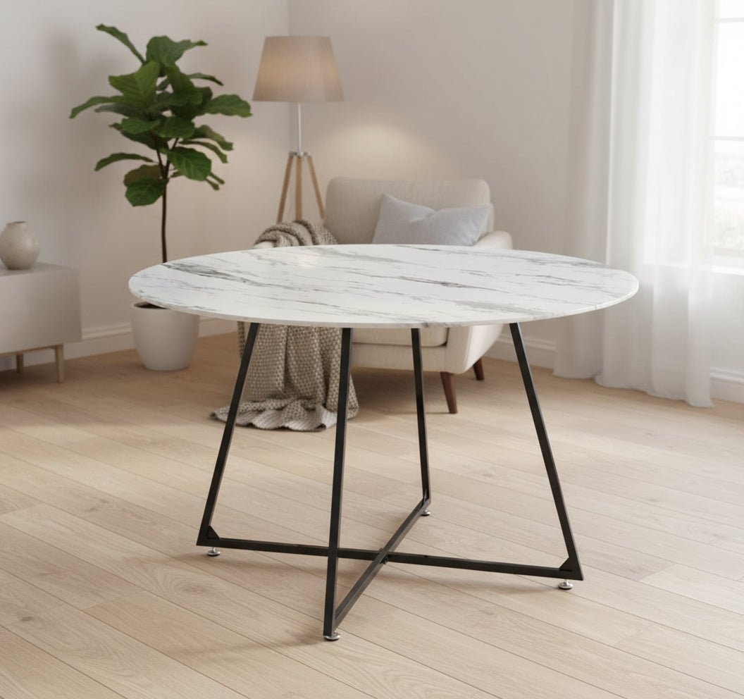 Table à Manger Ronde Verre Marbré Blanc Pied Métal Noir – D120×75 cm  – HELOISE