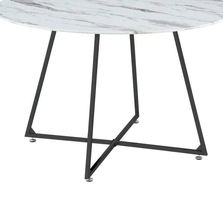 Table à Manger Ronde Verre Marbré Blanc Pied Métal Noir – D120×75 cm  – HELOISE