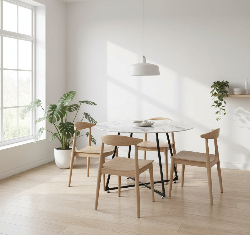 Table à Manger Ronde Verre Marbré Blanc Pied Métal Noir – D120×75 cm  – HELOISE