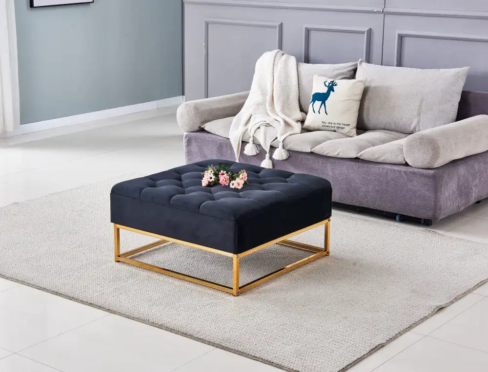 Pouf Coffre TIROIRS Carré Plateau Velours Capitonné Noir 80x80x43cm 2 Tiroirs
