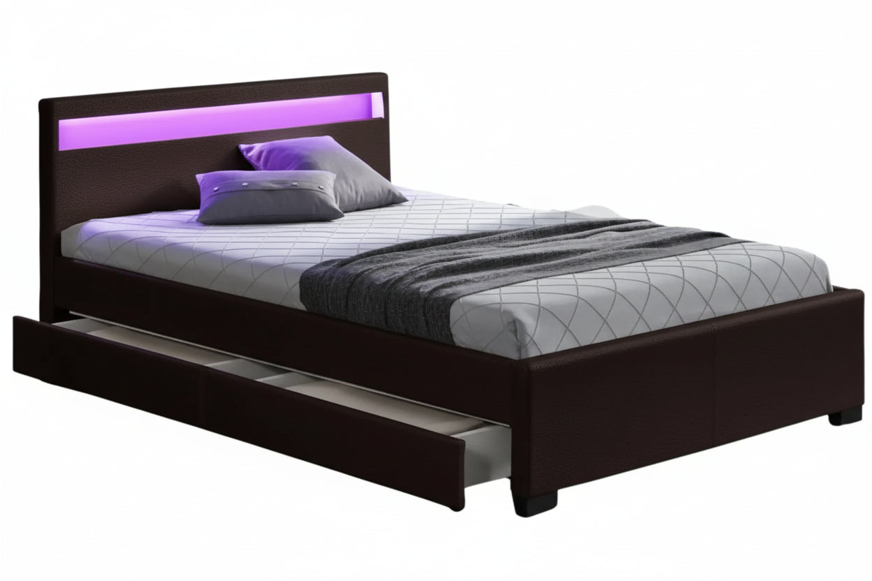 Lit adulte 160x200 cm noir avec tiroirs LED sommier inclus