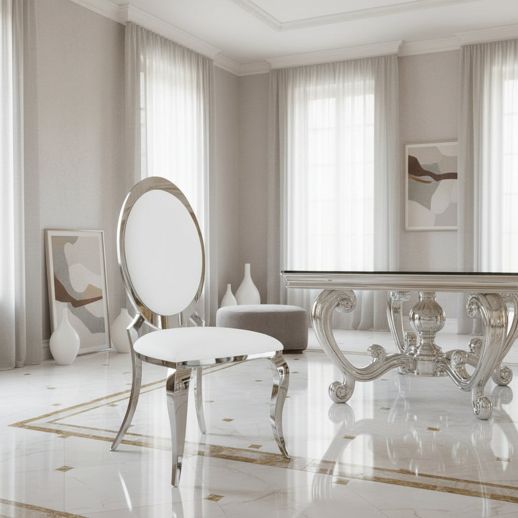 Lot de 4 chaises ANGEL baroque Chrome simili cuir blanc