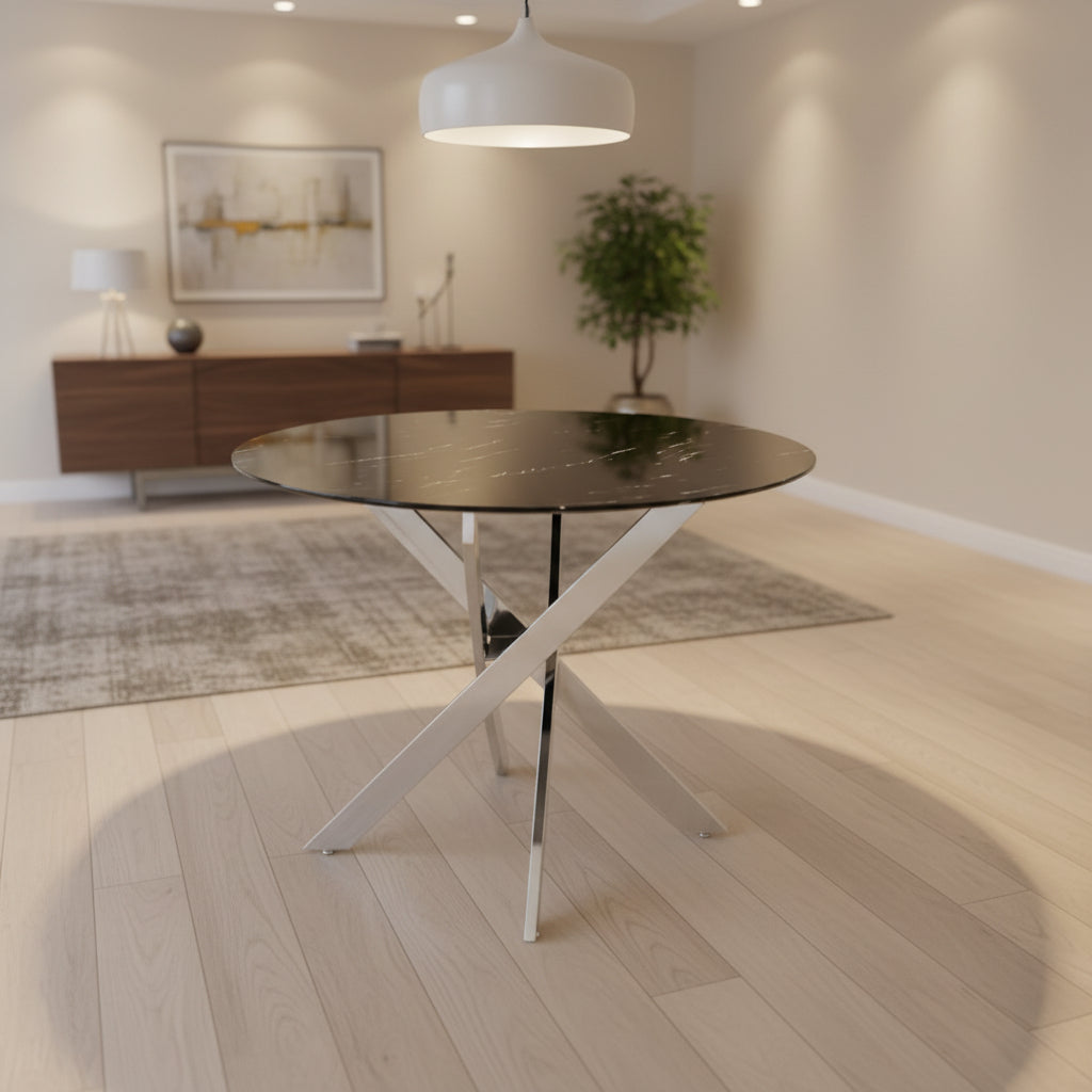 Table à manger ronde MARBRE NOIR JESSICA chrome 100 cm 4 couverts
