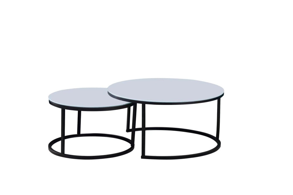 Lot 2 Tables Basses Gigognes ARTO Rondes Plateau Verre Trempé Blanc Métal Noir D80/D60