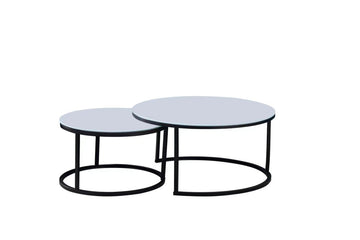 Lot 2 Tables Basses Gigognes ARTO Rondes Plateau Verre Trempé Blanc Métal Noir D80/D60