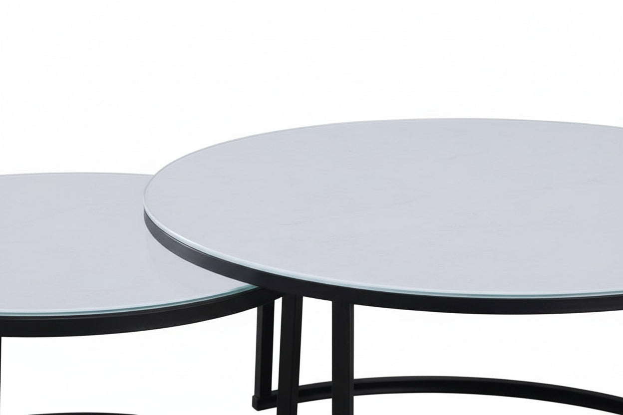 Lot 2 Tables Basses Gigognes ARTO Rondes Plateau Verre Trempé Blanc Métal Noir D80/D60