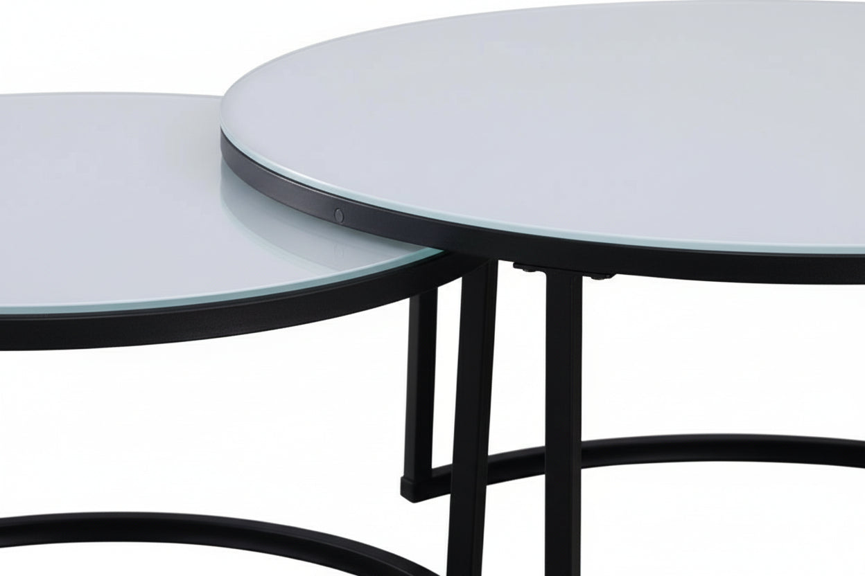 Lot 2 Tables Basses Gigognes ARTO Rondes Plateau Verre Trempé Blanc Métal Noir D80/D60