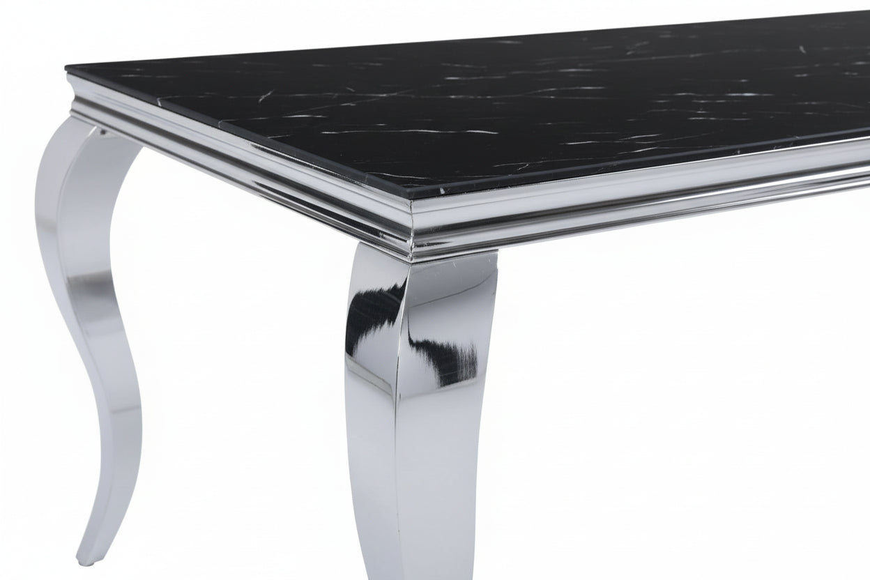 Table à manger BAROQUE 6 à 8 couverts pieds chrome plateau en verre 180x90 cm #couleur_marbré-noir