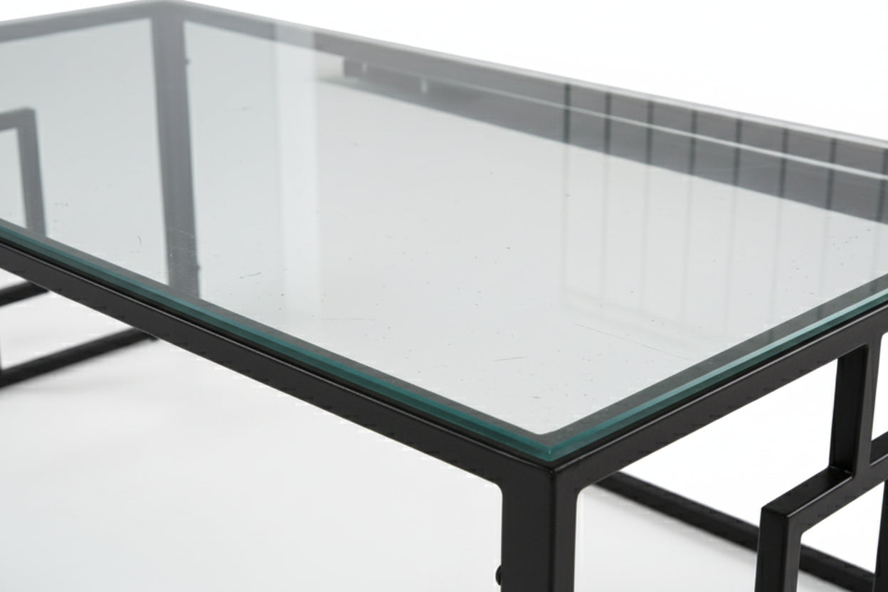 Table Basse SOPHIE Pieds Métal Noir Plateau Verre Trempé Transparent 120x60x45cm