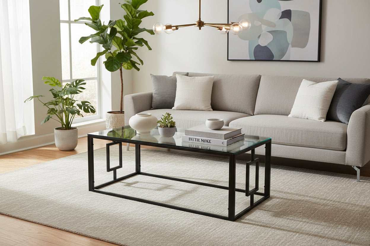 Table Basse SOPHIE Pieds Métal Noir Plateau Verre Trempé Transparent 120x60x45cm