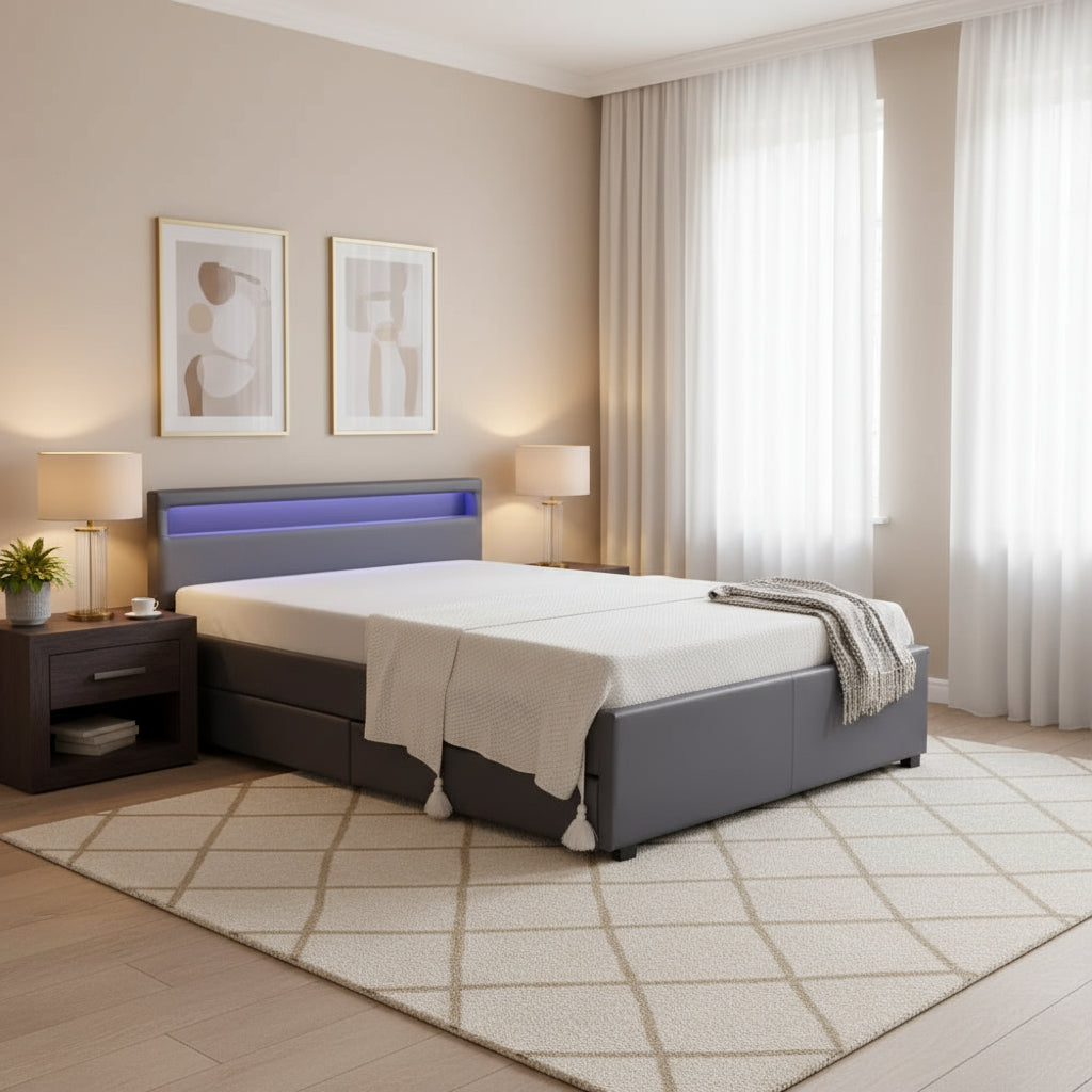 Lit adulte 160x200 cm TIROIRS et LED sommier inclus gris