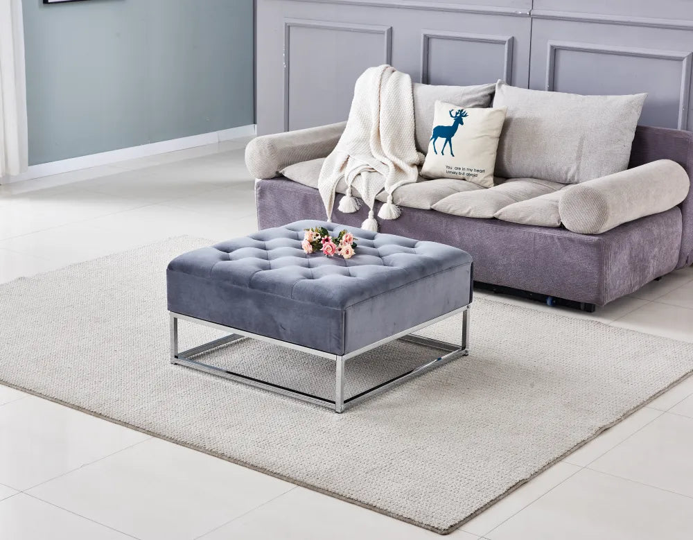 Pouf Coffre TIROIRS Carré Plateau Velours Capitonné Gris 80x80x43cm 2 Tiroirs