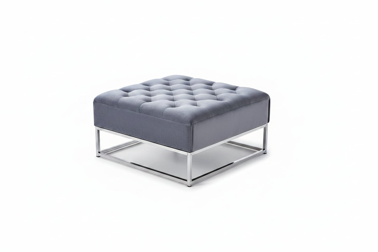 Table basse pouf velours gris 80x80 cm - CAPITONNE