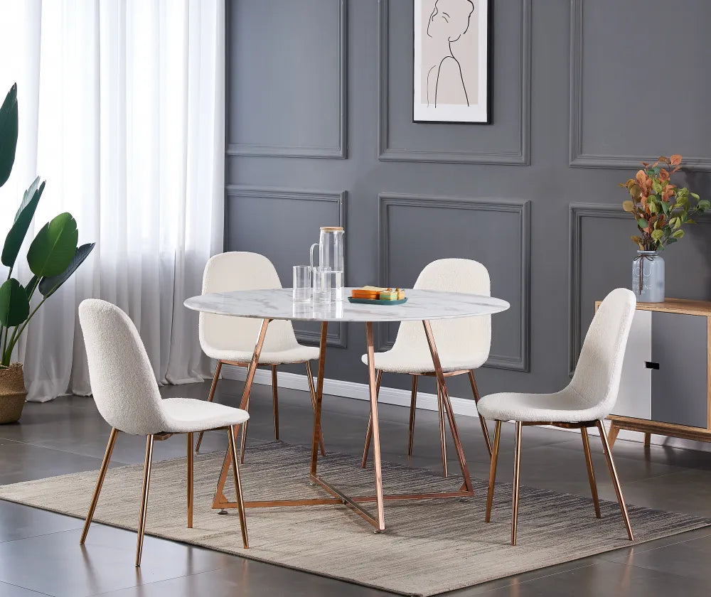 Table à Manger Ronde Verre Marbré Blanc & Pied Rose Gold – D120×75 cm  – HELOISE