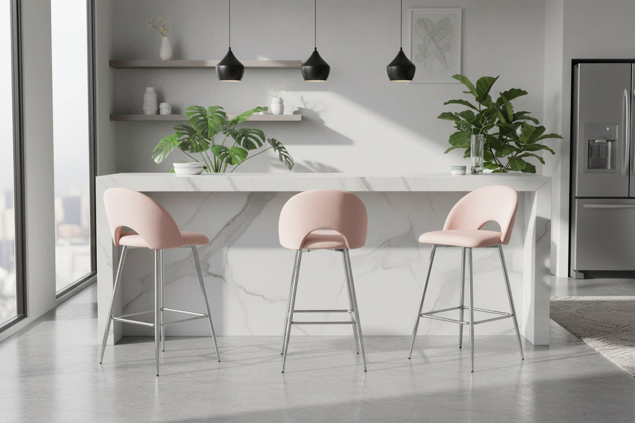 Lot 2 Tabourets de Bar Teddy Velours Rose Pieds Chrome 47x36x98cm