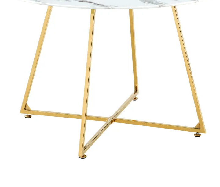 Table à Manger Ronde Verre Marbré Blanc & Pied Gold – 120×120×75 cm – HELOISE