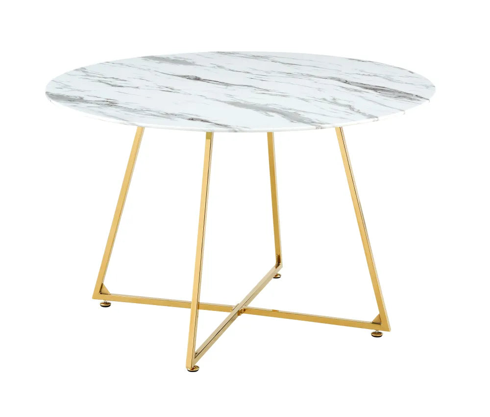 Table à Manger Ronde Verre Marbré Blanc & Pied Gold – 120×120×75 cm – HELOISE