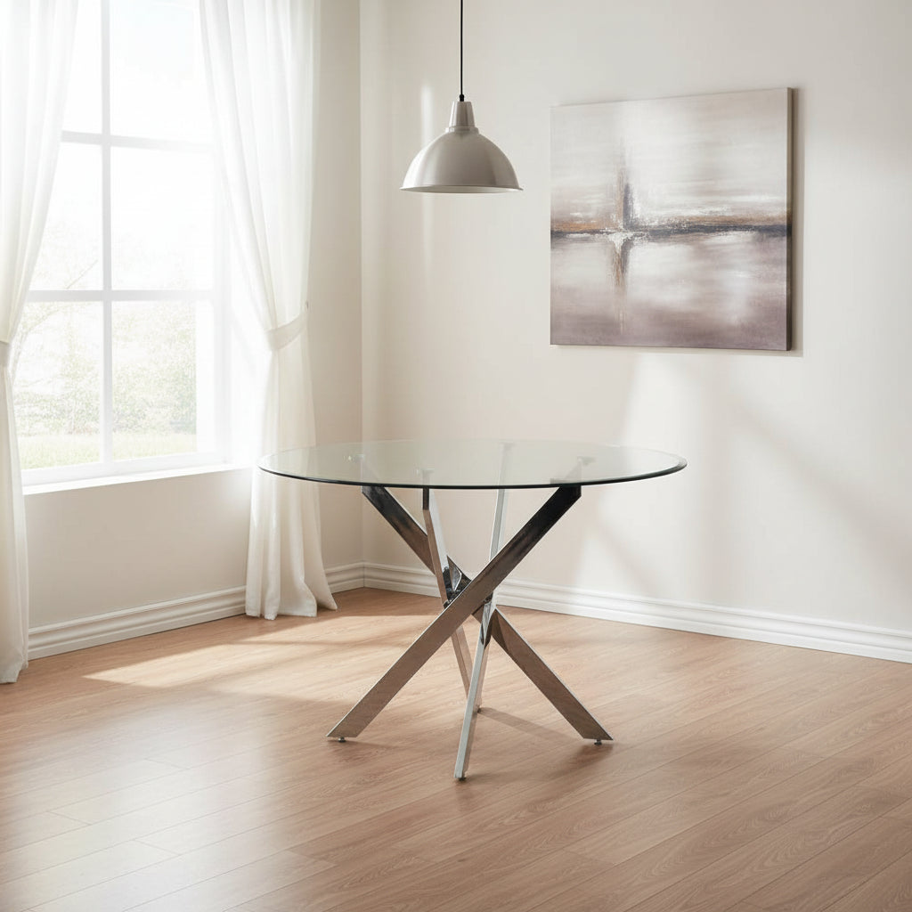 Table a manger ronde JESSICA chrome XXL 120 cm 4 couverts #couleur_transparent