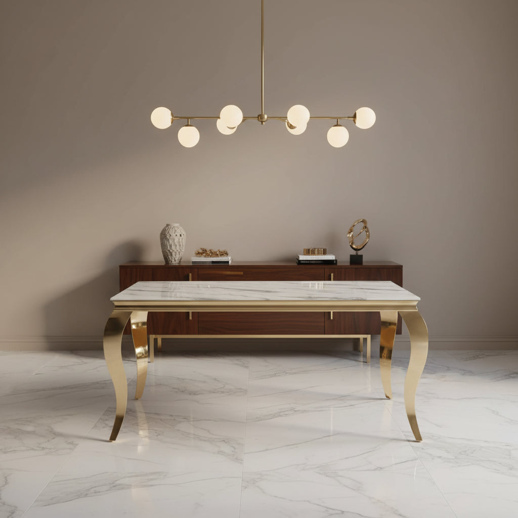 Table à manger BAROQUE 4 à 6 couverts pieds gold plateau en verre 150x90 cm #couleur_marbré-blanc