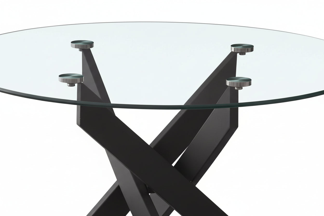 Table Basse JESSY Ronde Plateau Verre Trempé Transparent Pieds Métal Noir D80x45cm