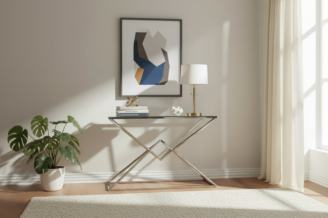 Console chrome verre trempé transparent 120x40x78 cm PYRAMID