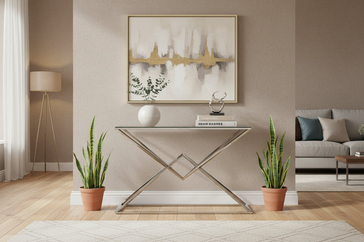 Console chrome verre trempé transparent 120x40x78 cm PYRAMID