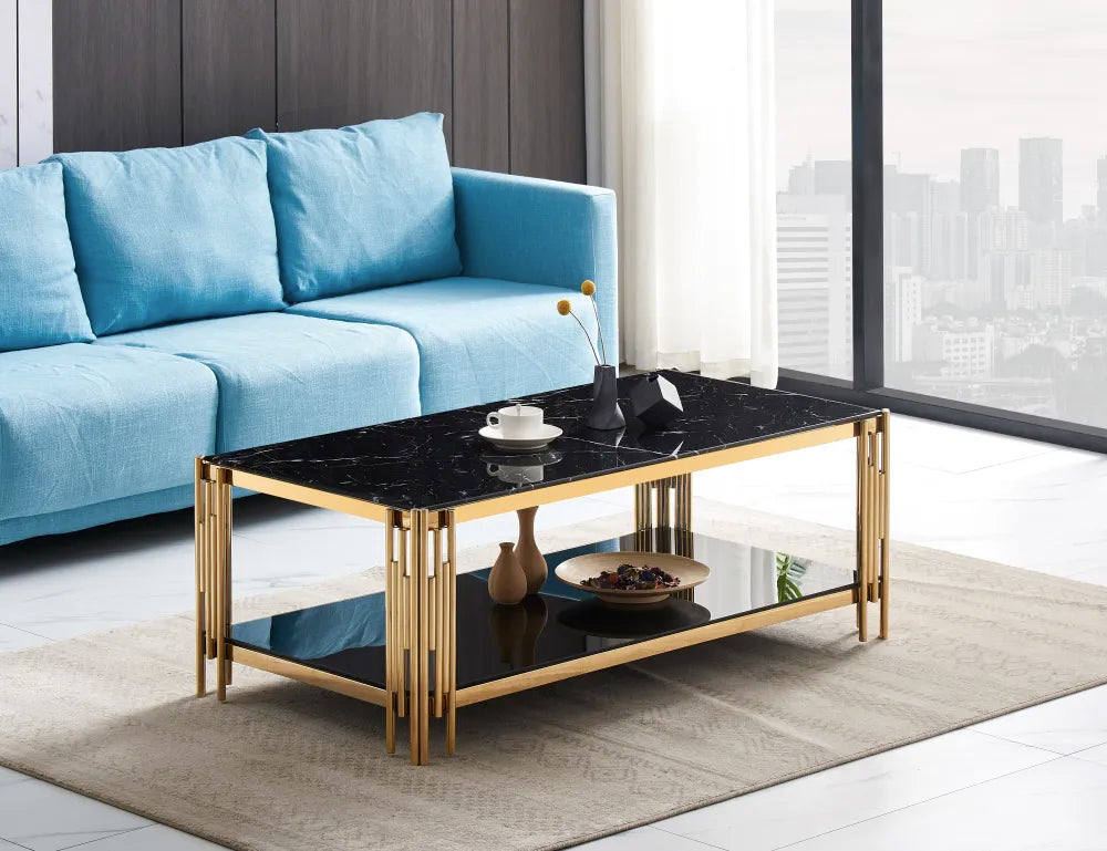 Table Basse FLUTE Rectangle Double Plateau Verre Trempé Marbré Noir Structure Gold 120x60x45cm