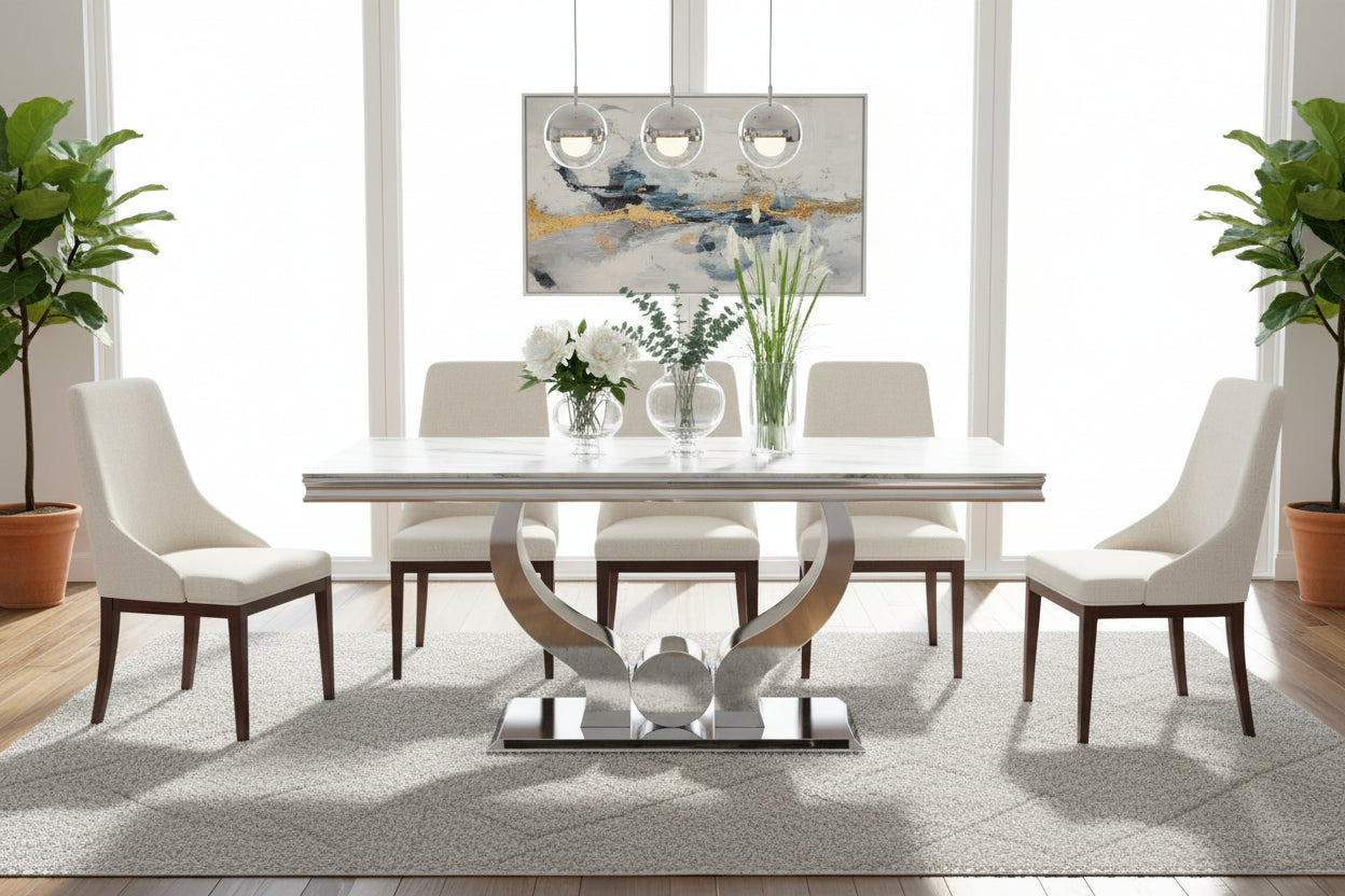 Table à manger verre marbré blanc pied métal chrome 150x90 cm TROFY