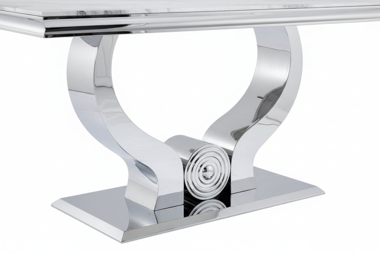 Table à manger verre marbré blanc pied métal chrome 150x90 cm TROFY