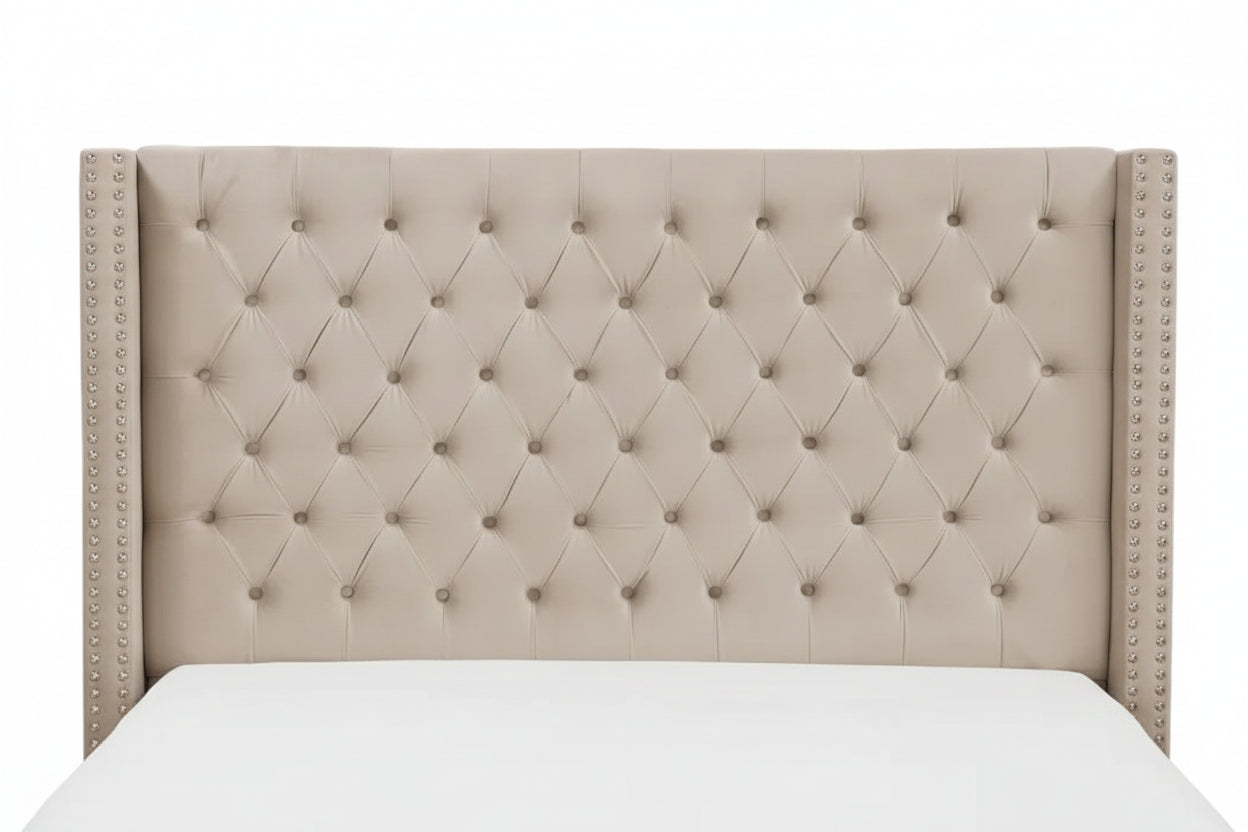 Lit double 180x200 cm velours beige tête capitonnée sommier inclus PRINCESSE