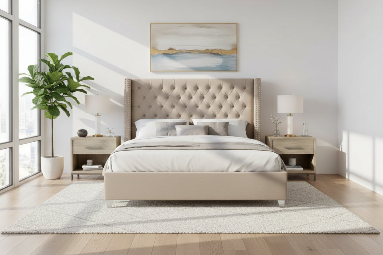 Lit double 180x200 cm velours beige tête capitonnée sommier inclus PRINCESSE