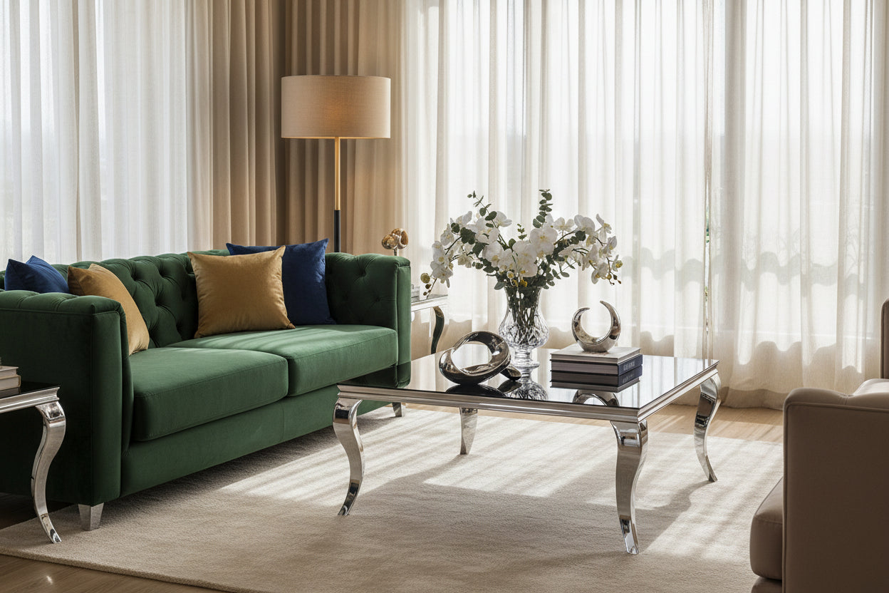 Table Basse Carrée Chrome Verre Noir 100x100x45 cm BAROQUE